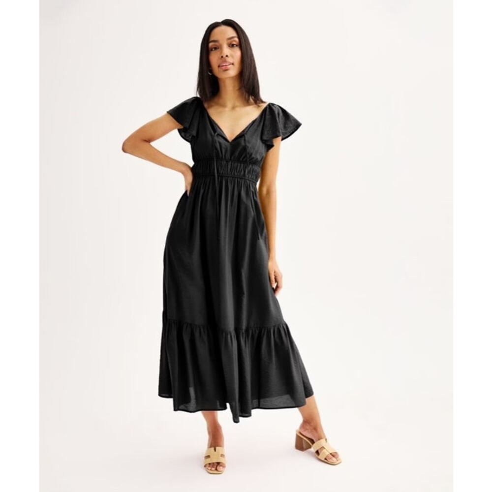 Nine West Black Flutter Sleeve Smocked Maxi Dress Size Medium